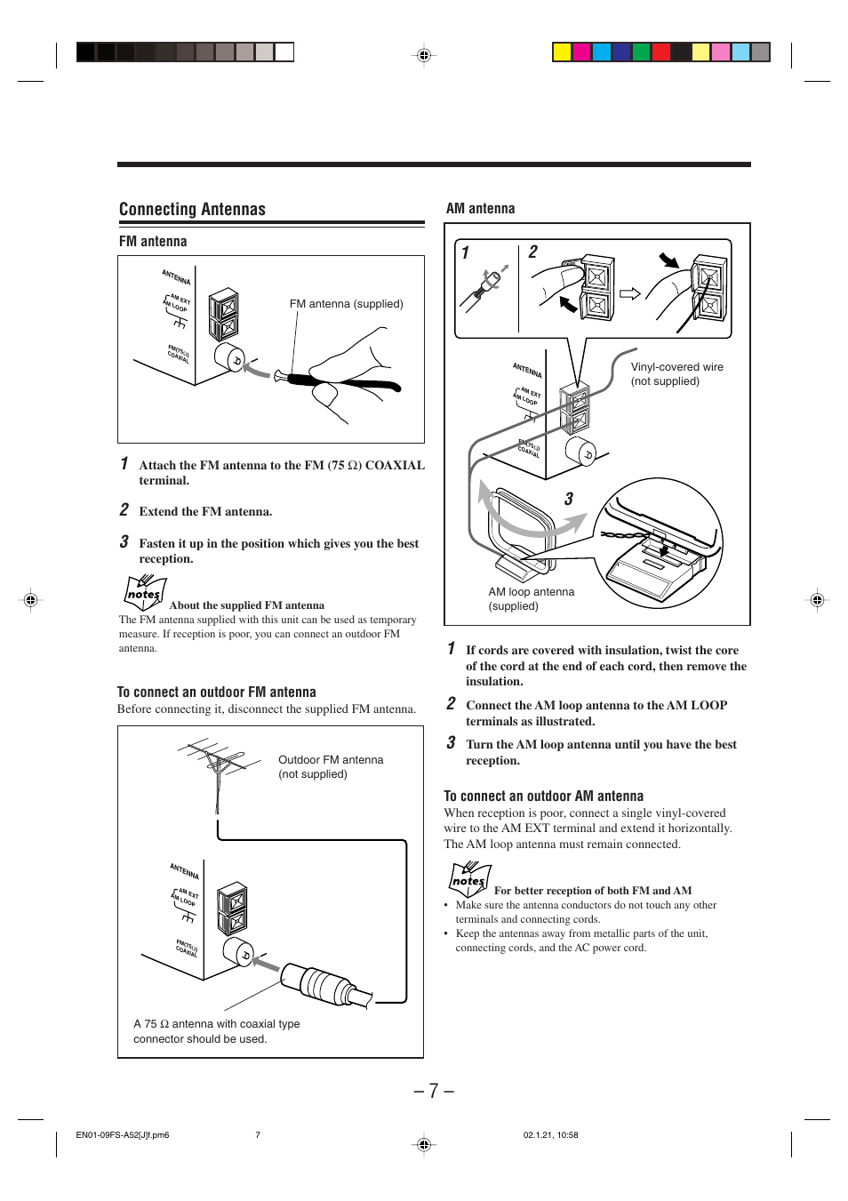 31 connecting antennas, Am antenna, Fm antenna | JVC FS-A52 User Manual | Page 10 / 42