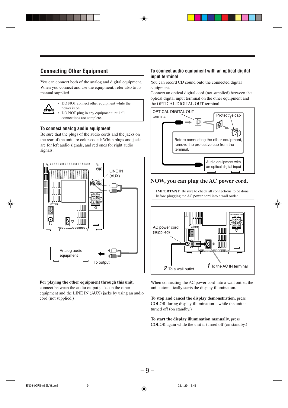 Connecting other equipment, Now, you can plug the ac power cord | JVC FS-A52 User Manual | Page 12 / 42