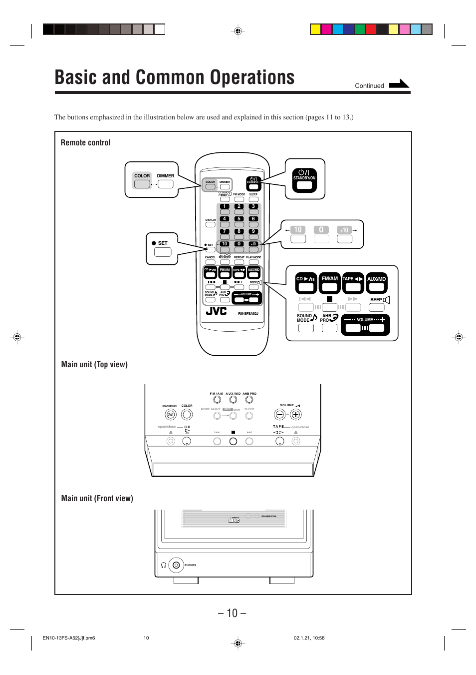 Basic and common operations, Remote control main unit (top view), Main unit (front view) | Continued | JVC FS-A52 User Manual | Page 13 / 42