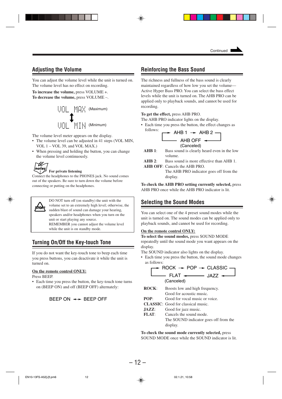 Reinforcing the bass sound, Selecting the sound modes, Adjusting the volume | Turning on/off the key-touch tone | JVC FS-A52 User Manual | Page 15 / 42