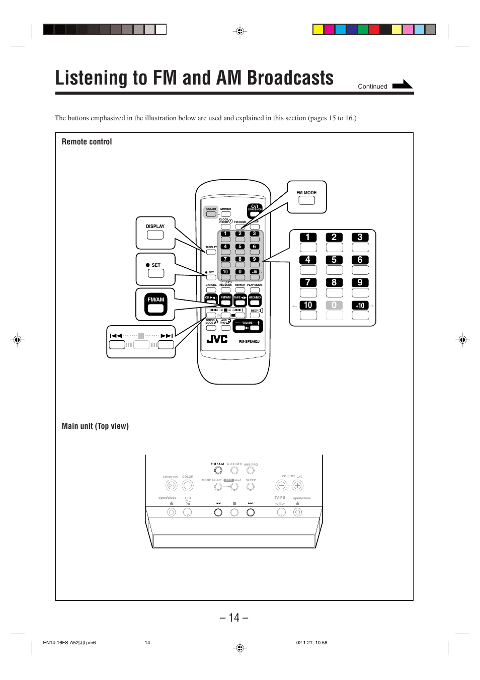 Listening to fm and am broadcasts, Remote control main unit (top view) | JVC FS-A52 User Manual | Page 17 / 42