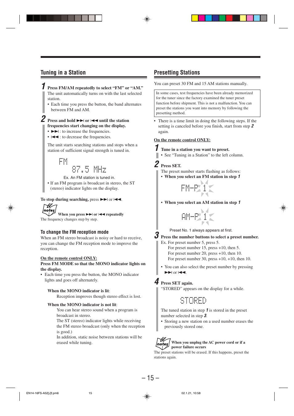 Tuning in a station, Presetting stations | JVC FS-A52 User Manual | Page 18 / 42