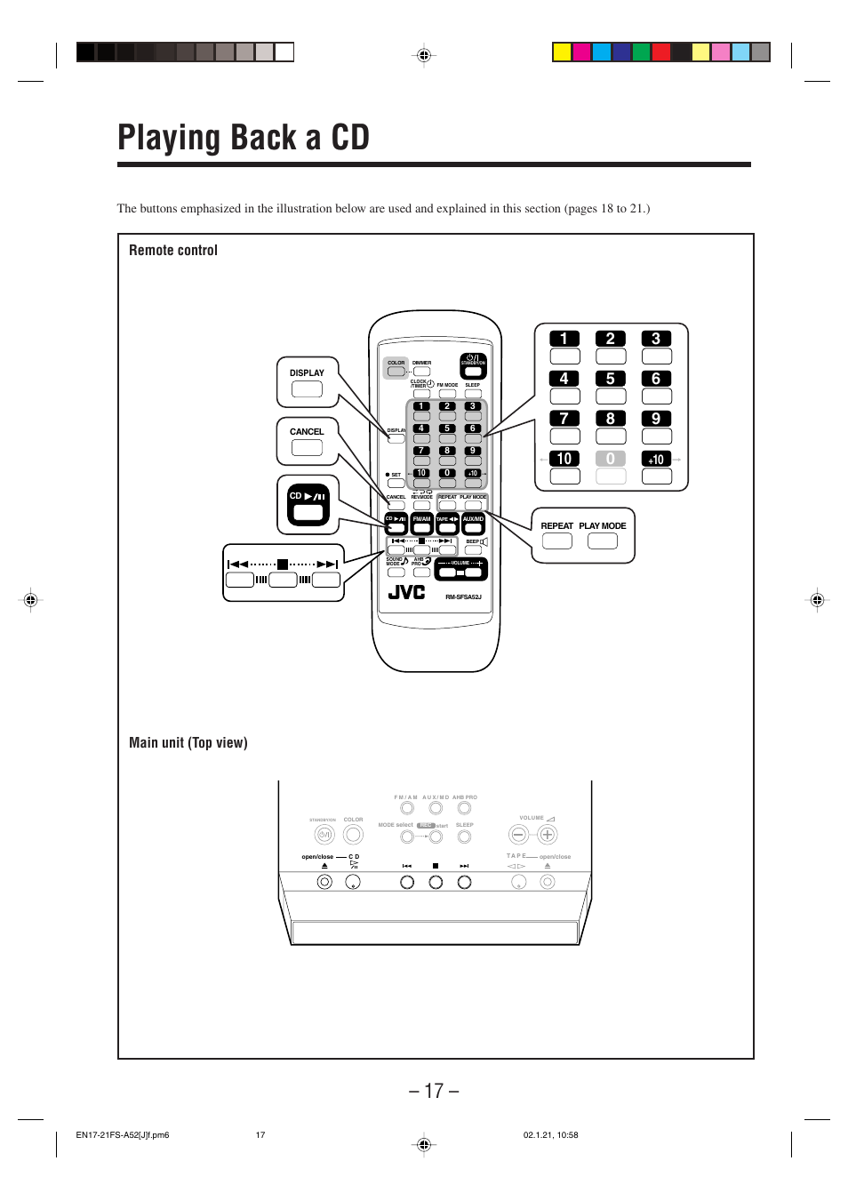 Playing back a cd, Main unit (top view), Remote control | JVC FS-A52 User Manual | Page 20 / 42