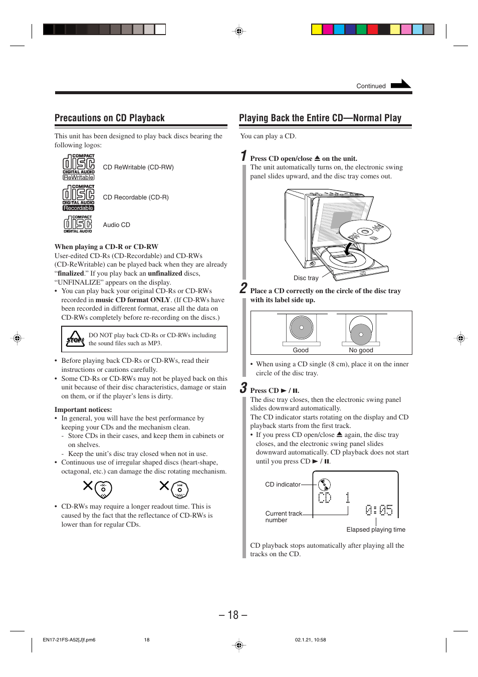 Playing back the entire cd—normal play, Precautions on cd playback | JVC FS-A52 User Manual | Page 21 / 42