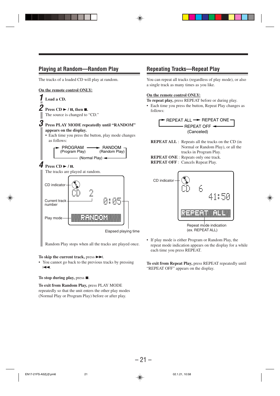 Repeating tracks—repeat play, Playing at random—random play | JVC FS-A52 User Manual | Page 24 / 42