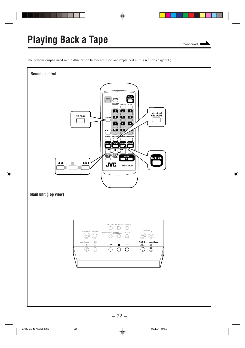 Playing back a tape, Main unit (top view), Remote control | Continued | JVC FS-A52 User Manual | Page 25 / 42