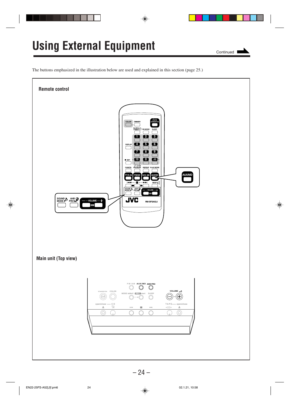 Using external equipment, Remote control main unit (top view), Continued | JVC FS-A52 User Manual | Page 27 / 42