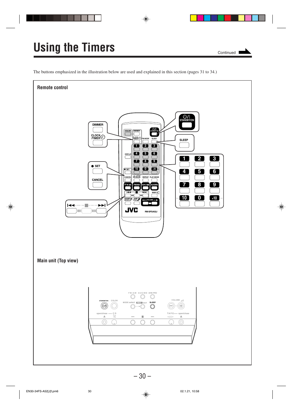 Using the timers, Remote control, Main unit (top view) | JVC FS-A52 User Manual | Page 33 / 42