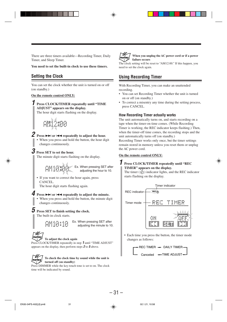 Using recording timer, Setting the clock | JVC FS-A52 User Manual | Page 34 / 42