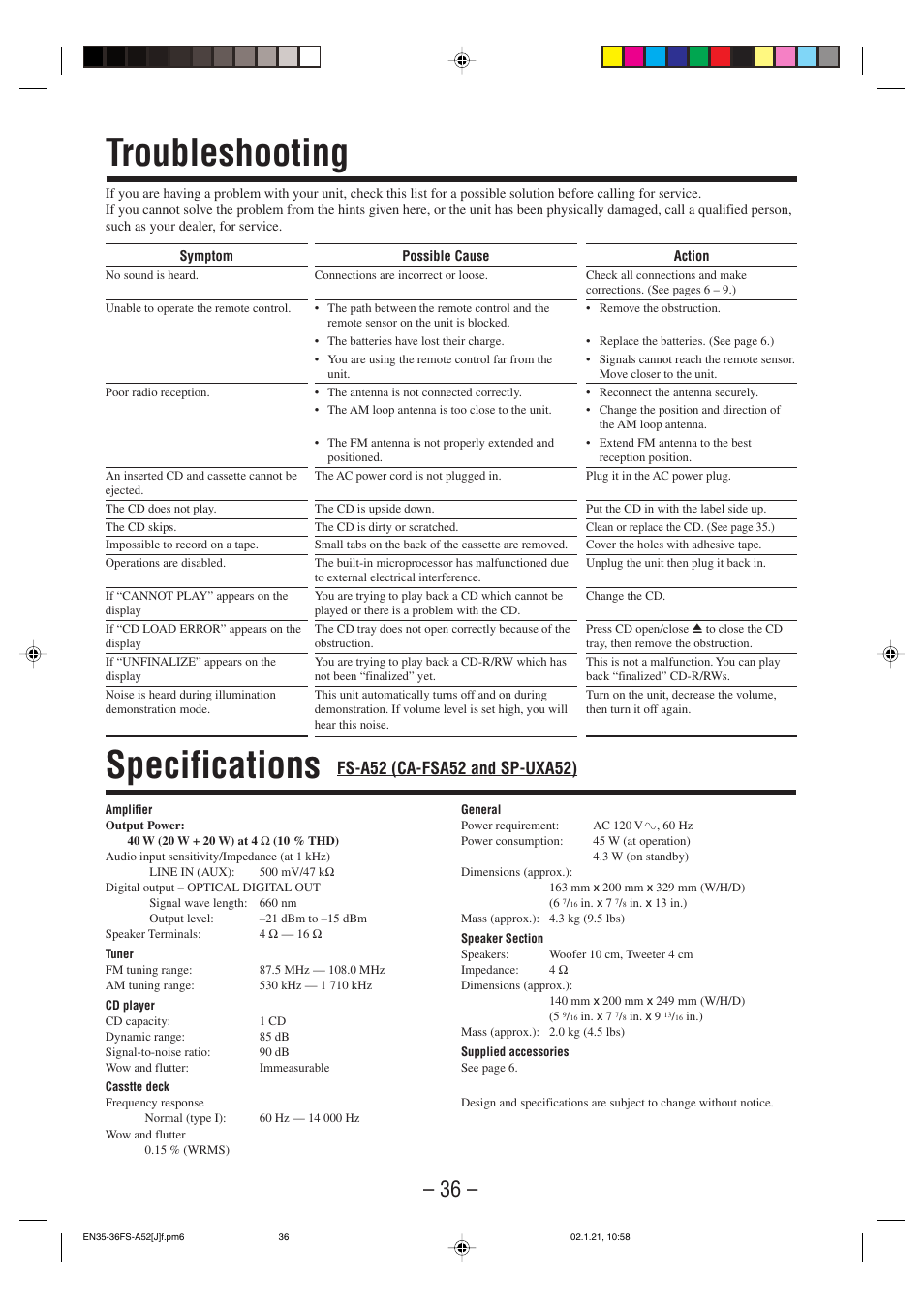 Troubleshooting, Specifications | JVC FS-A52 User Manual | Page 39 / 42