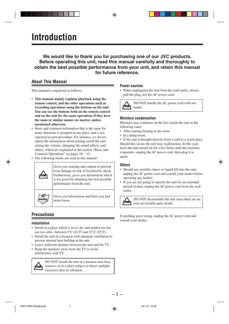 Introduction, About this manual, Precautions | JVC FS-A52 User Manual | Page 4 / 42