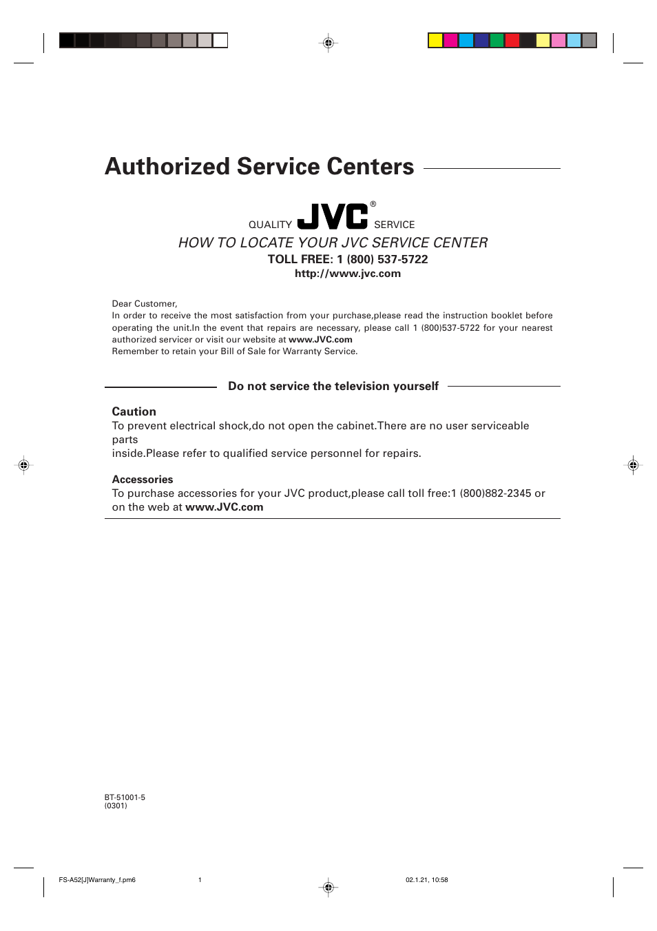 Authorized service centers, How to locate your jvc service center | JVC FS-A52 User Manual | Page 40 / 42