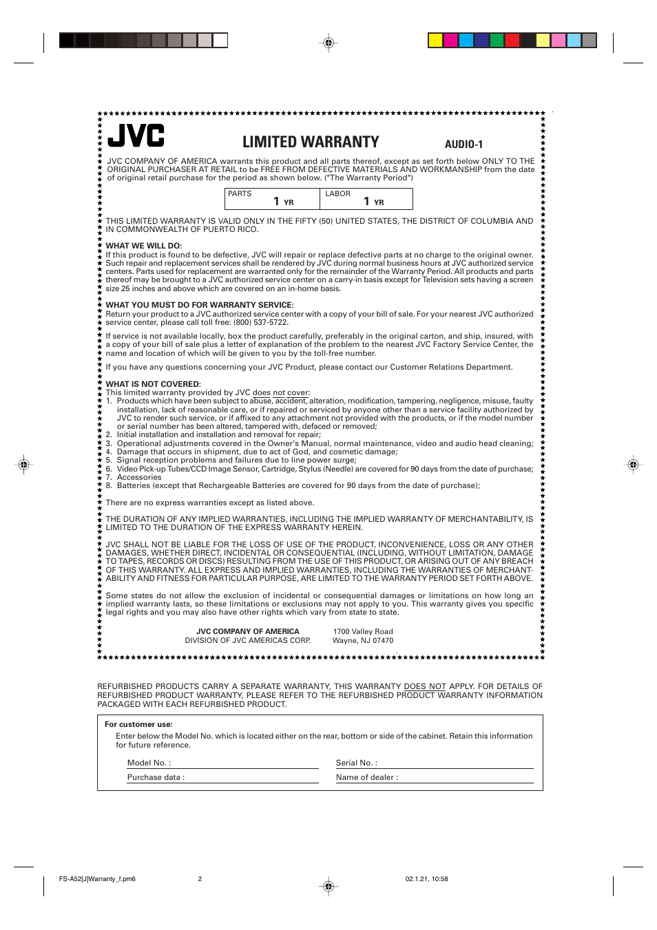 Limited warranty, Audio-1 | JVC FS-A52 User Manual | Page 41 / 42