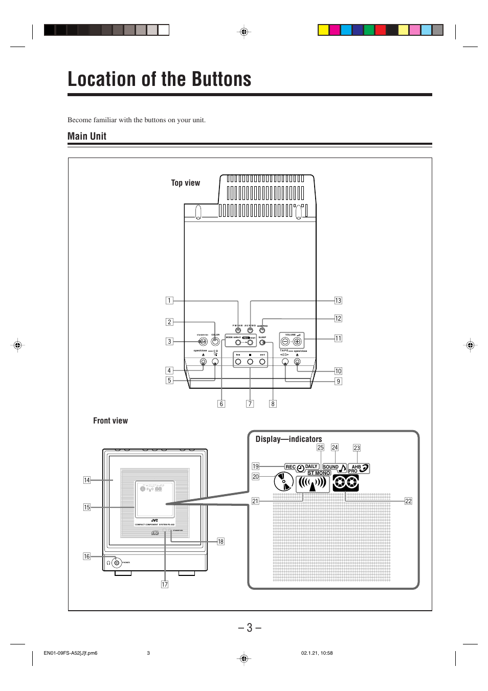 Location of the buttons, Main unit, Display—indicators top view front view | Rt y u i, Compact digital audio, Become familiar with the buttons on your unit | JVC FS-A52 User Manual | Page 6 / 42