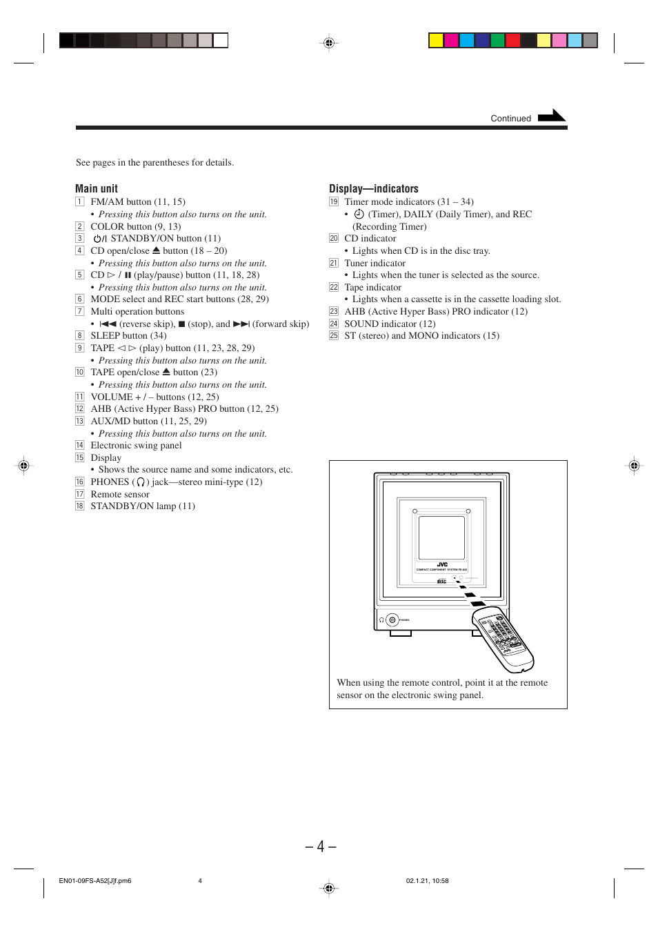 Main unit, Display—indicators | JVC FS-A52 User Manual | Page 7 / 42