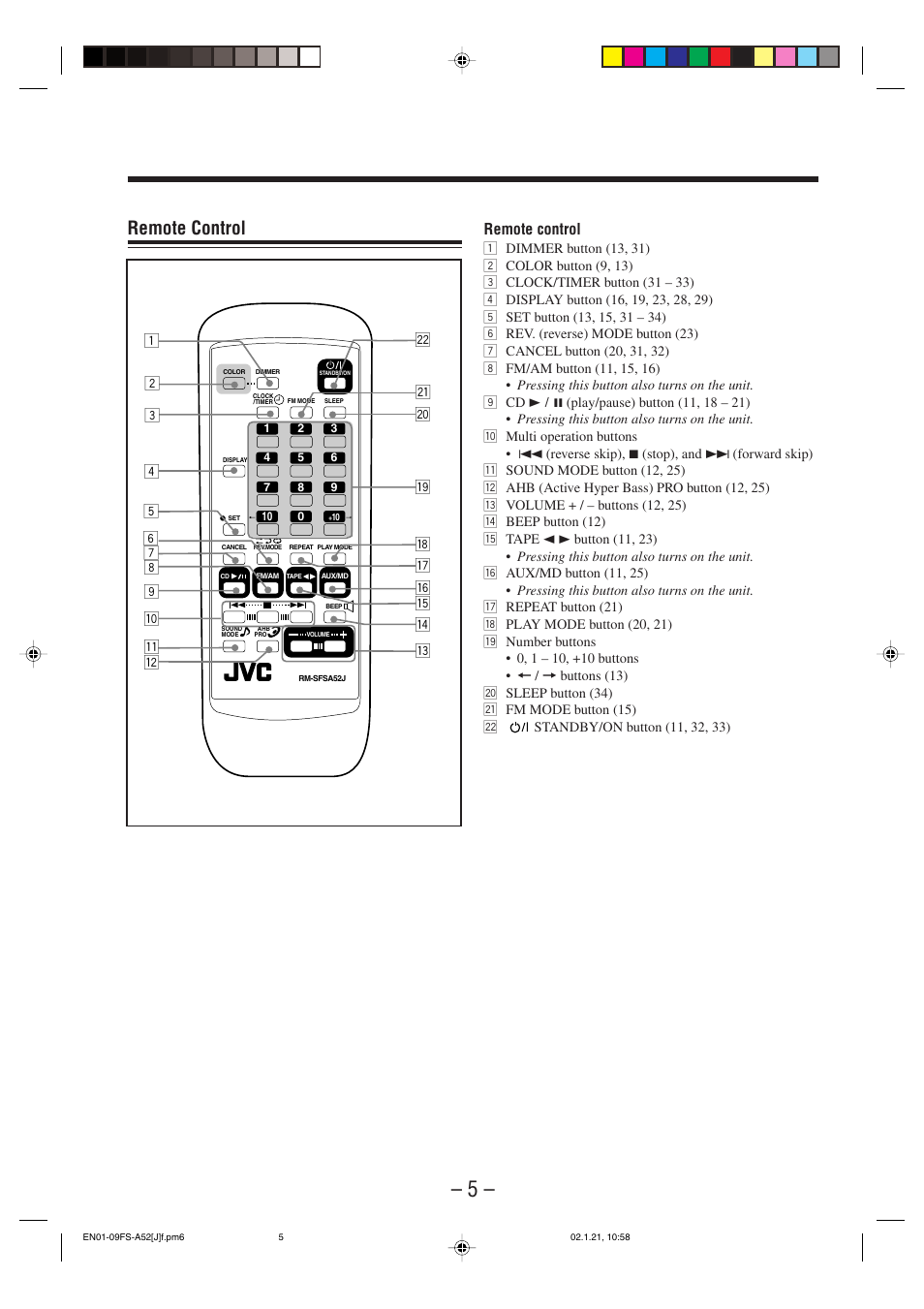 Remote control | JVC FS-A52 User Manual | Page 8 / 42