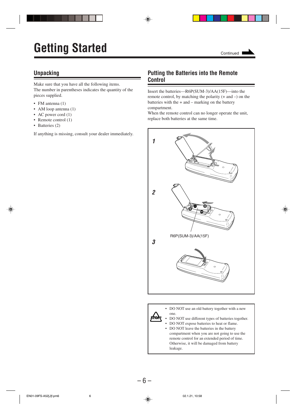 Getting started, Unpacking, Putting the batteries into the remote control | JVC FS-A52 User Manual | Page 9 / 42