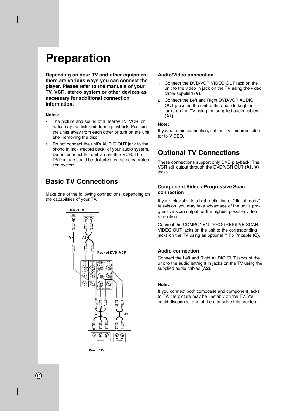 Preparation, Basic tv connections, Optional tv connections | Audio/video connection, Component video / progressive scan connection, Audio connection | JVC HR-XVC11BJ User Manual | Page 10 / 36