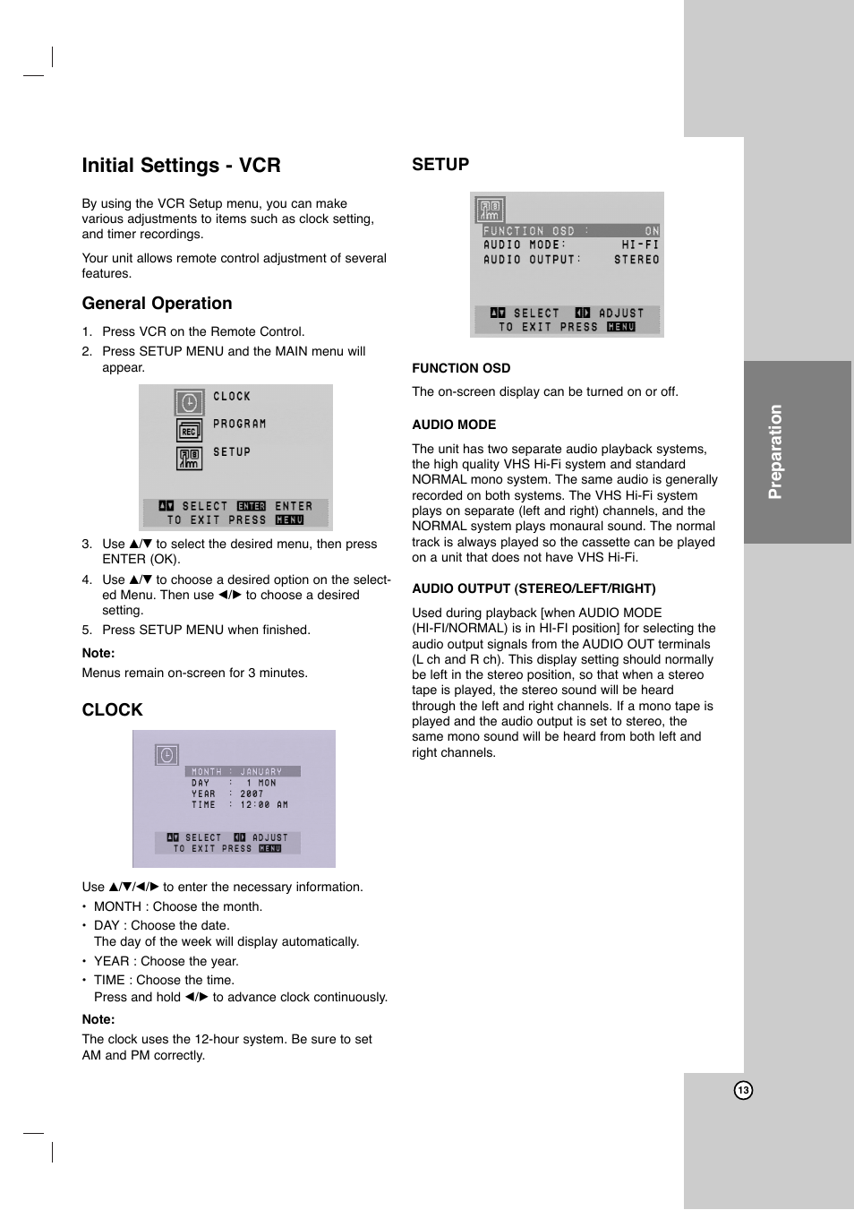 Initial settings - vcr, Preparation, General operation | Clock, Setup | JVC HR-XVC11BJ User Manual | Page 13 / 36