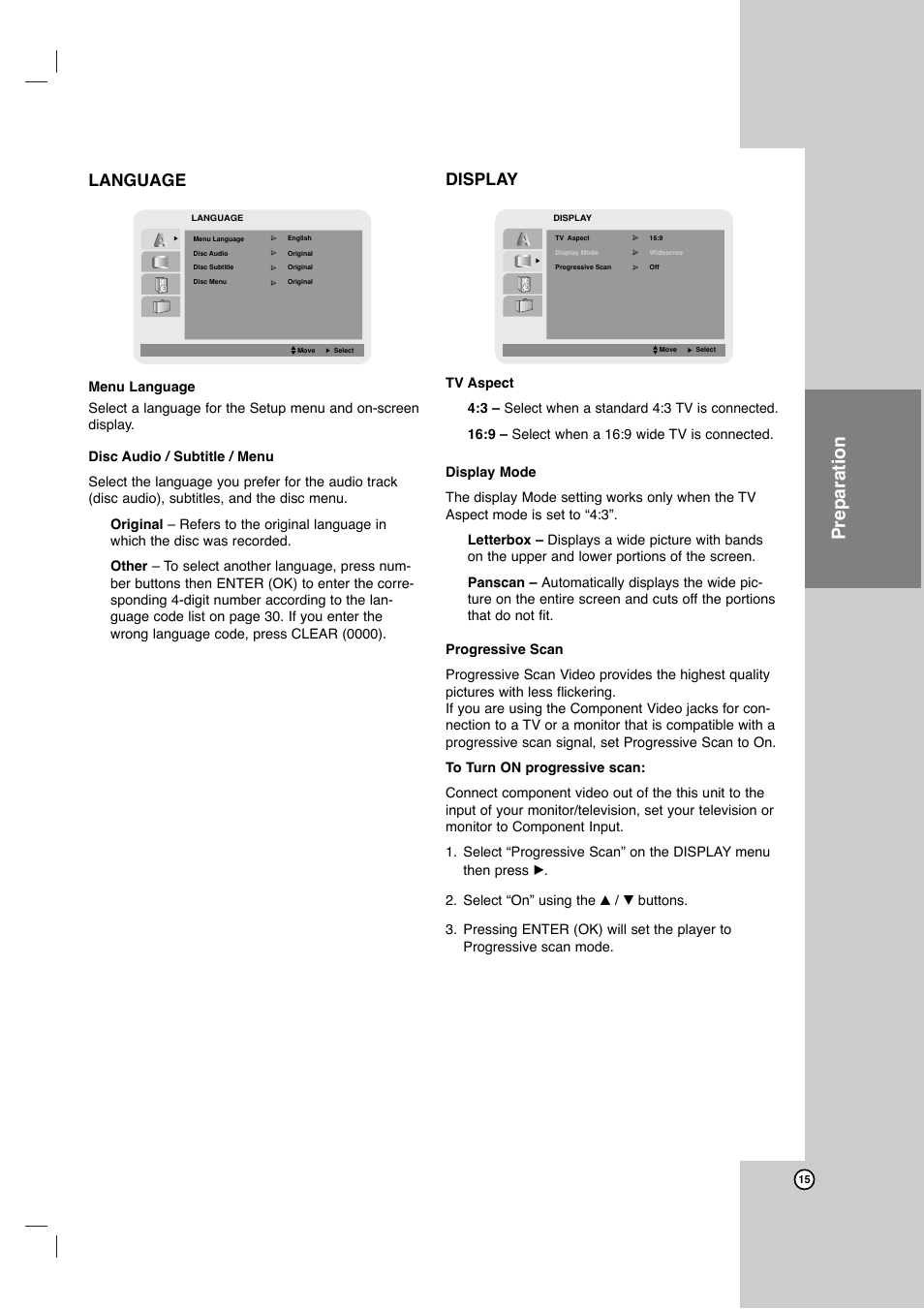 Preparation, Language, Display | JVC HR-XVC11BJ User Manual | Page 15 / 36