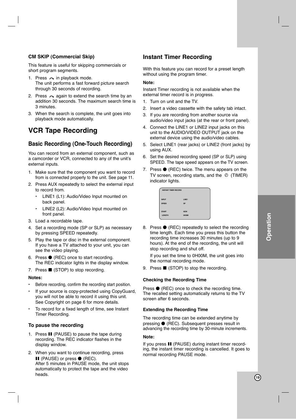 Vcr tape recording, Operation, Basic recording (one-touch recording) | Instant timer recording | JVC HR-XVC11BJ User Manual | Page 19 / 36