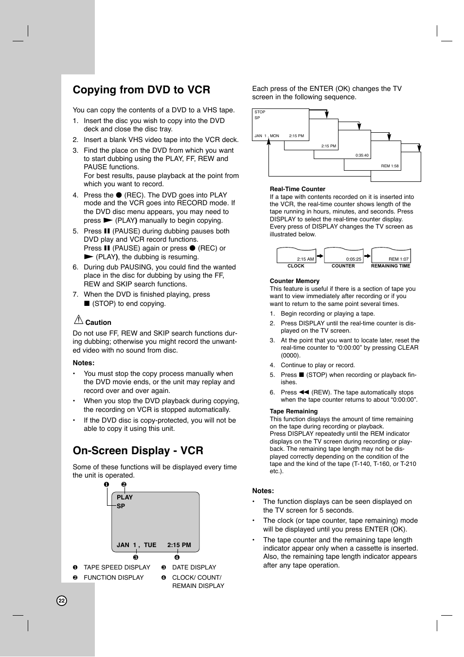 Copying from dvd to vcr, On-screen display - vcr | JVC HR-XVC11BJ User Manual | Page 22 / 36