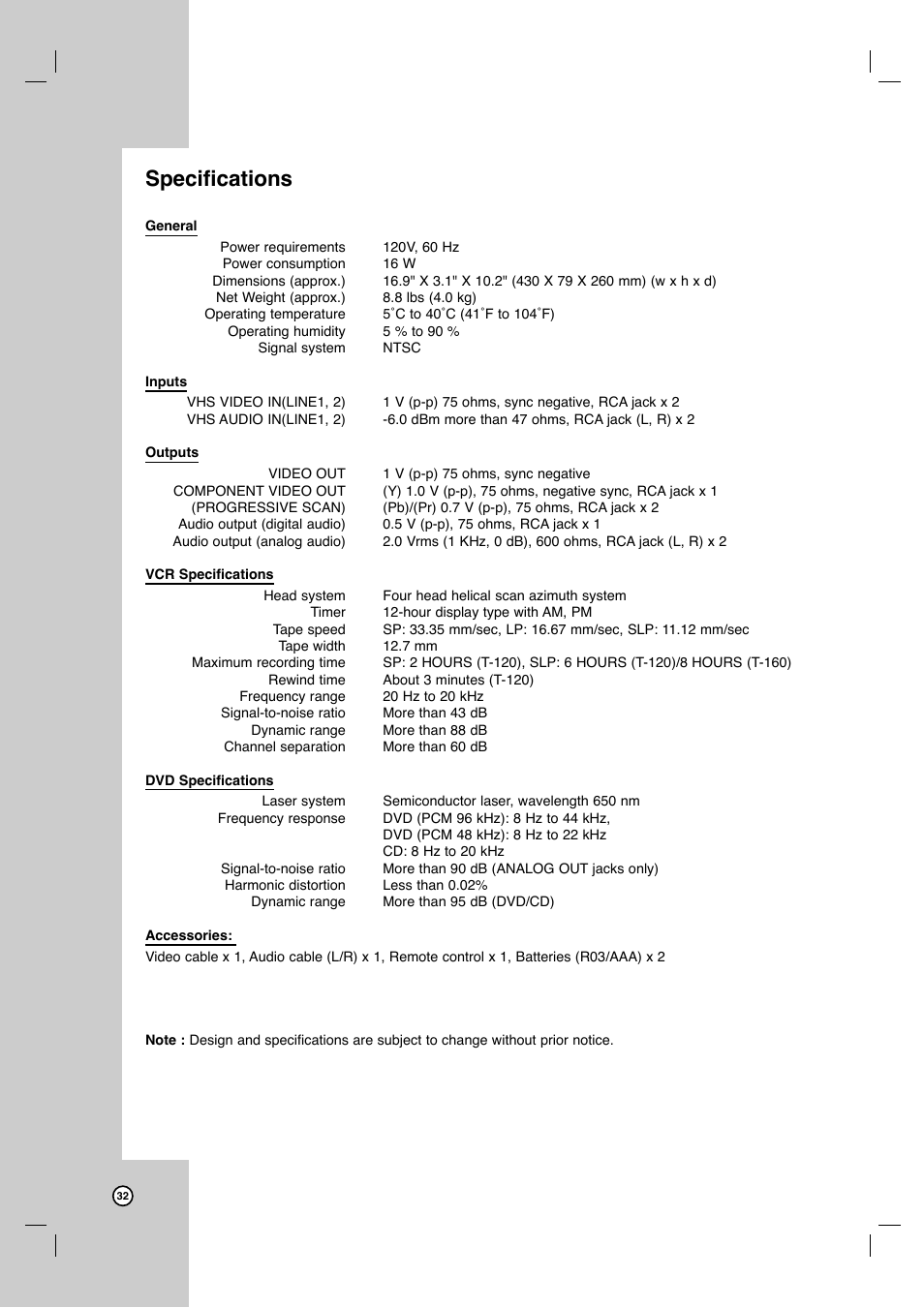 Specifications | JVC HR-XVC11BJ User Manual | Page 32 / 36