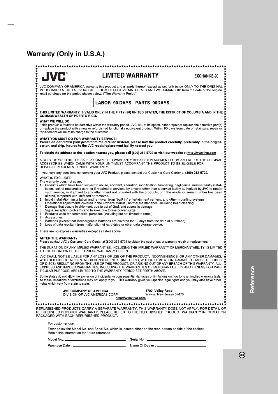 Warranty (only in u.s.a.) | JVC HR-XVC11BJ User Manual | Page 33 / 36