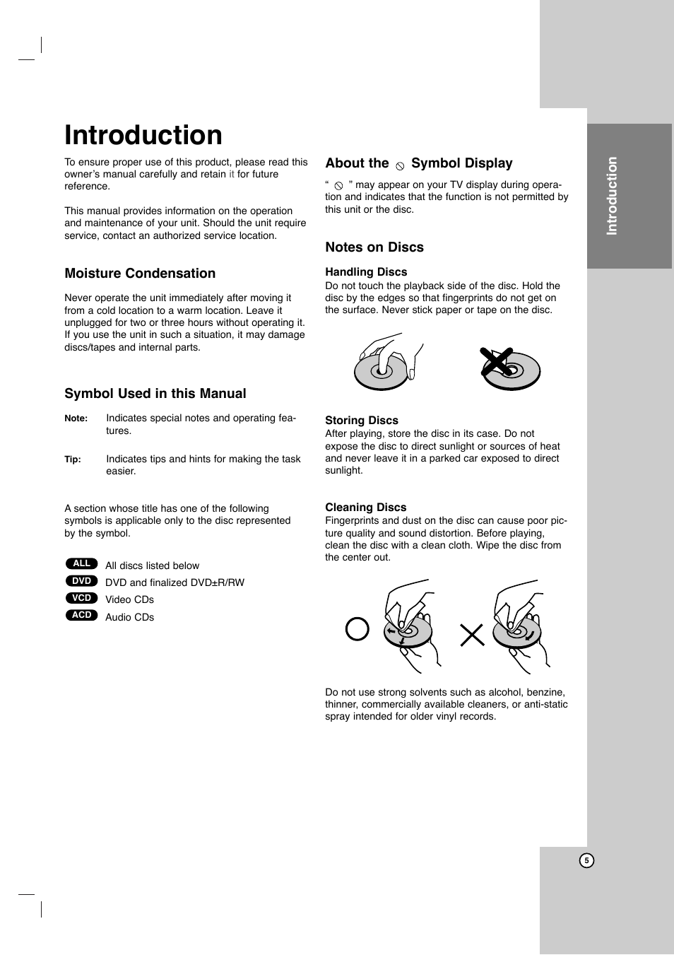 Introduction, Moisture condensation, Symbol used in this manual | About the symbol display | JVC HR-XVC11BJ User Manual | Page 5 / 36