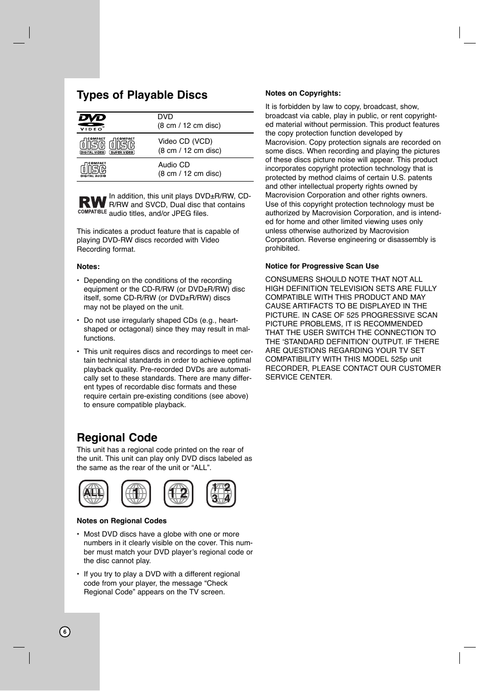 Types of playable discs, Regional code | JVC HR-XVC11BJ User Manual | Page 6 / 36