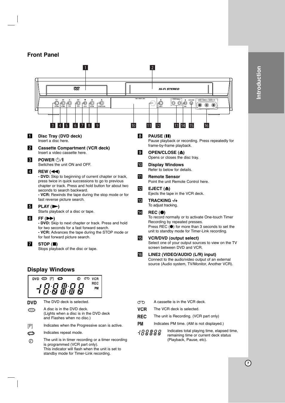 Introduction, Front panel display windows | JVC HR-XVC11BJ User Manual | Page 7 / 36