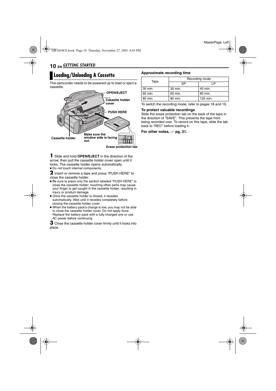 Loading/unloading a cassette | JVC GR-D54 User Manual | Page 10 / 44