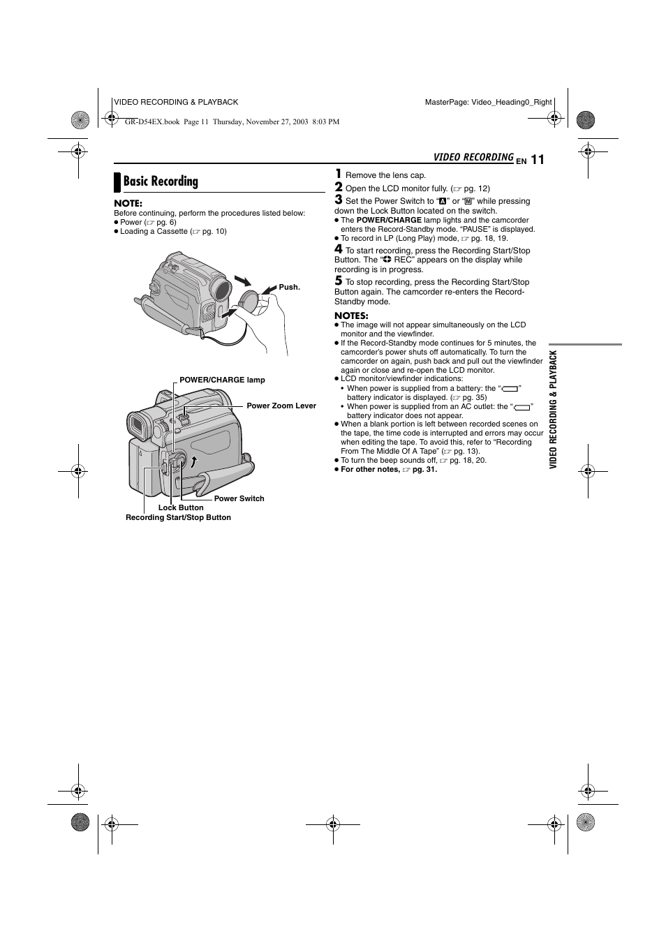 Video recording & playback, Video recording, Basic recording | JVC GR-D54 User Manual | Page 11 / 44