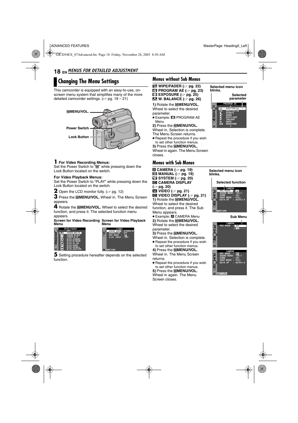 Advanced features, Menus for detailed adjustment, Changing the menu settings | Menus without sub menus, Menus with sub menus, Pg. 18, Pg. 18, 21, Pg. 18), Pg. 18, 20) an, Pg. 18, 20) | JVC GR-D54 User Manual | Page 18 / 44