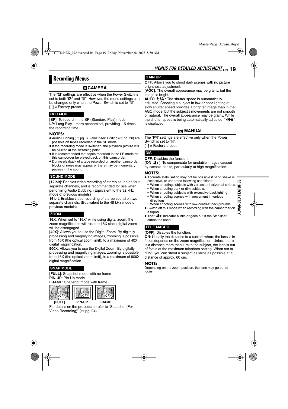 Recording menus, Pg. 19) | JVC GR-D54 User Manual | Page 19 / 44