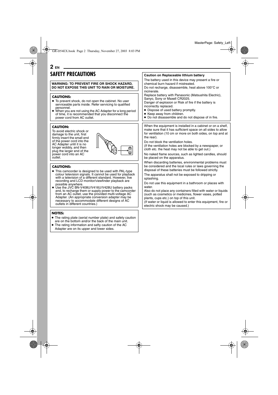 Safety precautions | JVC GR-D54 User Manual | Page 2 / 44