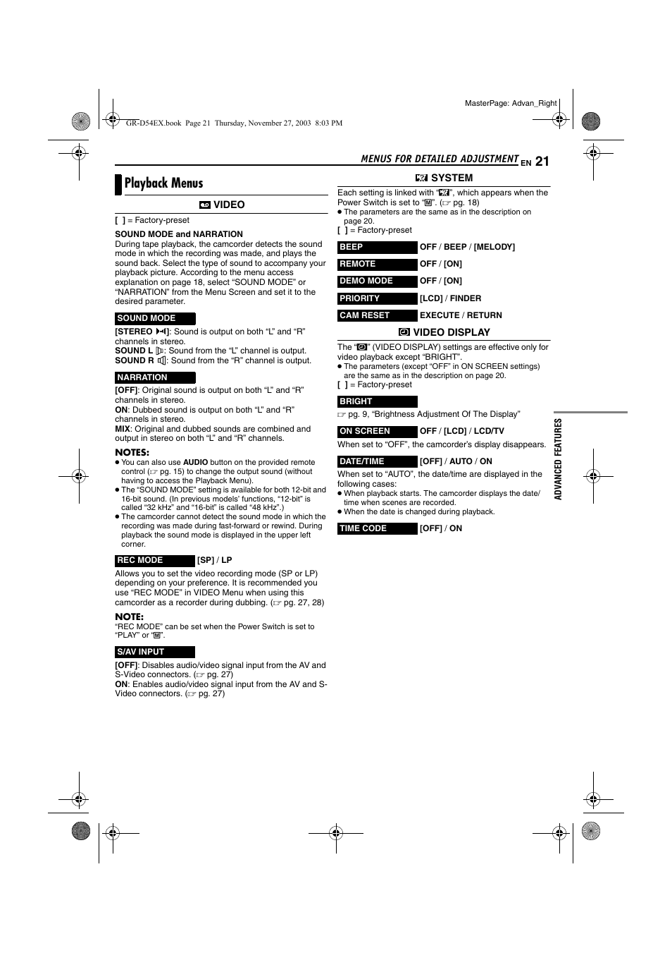 Playback menus | JVC GR-D54 User Manual | Page 21 / 44