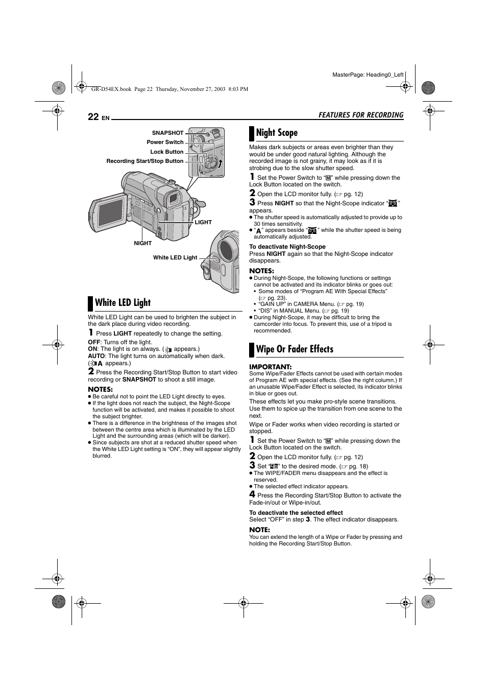 Features for recording, White led light, Night scope | Wipe or fader effects, Night scope wipe or fader effects | JVC GR-D54 User Manual | Page 22 / 44