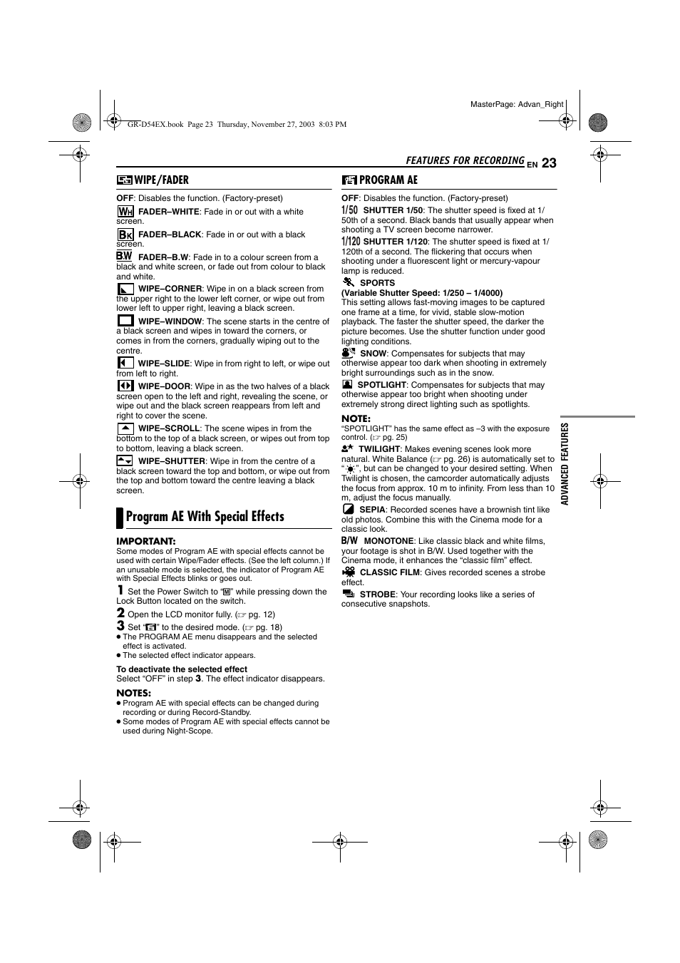 Wipe/fader, Program ae with special effects, Program ae | Pg. 23) | JVC GR-D54 User Manual | Page 23 / 44