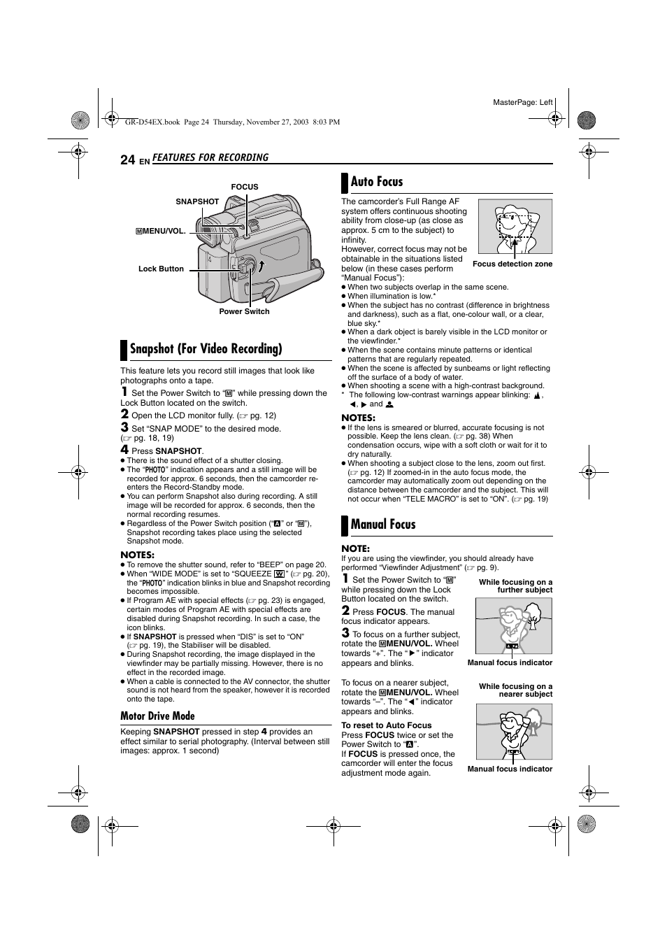 Snapshot (for video recording), Motor drive mode, Auto focus | Manual focus, Pg. 24), Auto focus manual focus | JVC GR-D54 User Manual | Page 24 / 44