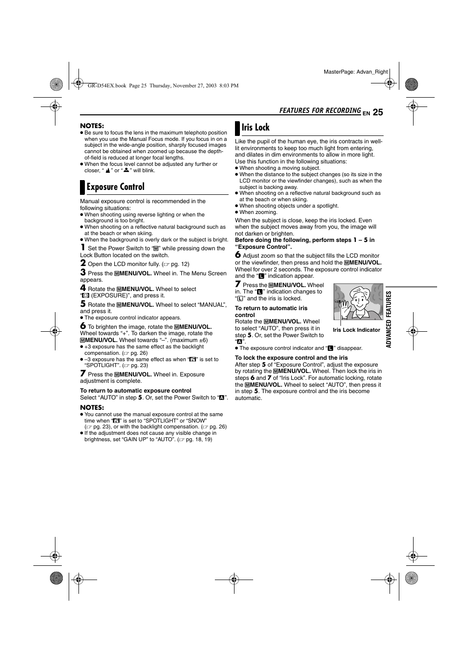 Exposure control, Iris lock, Pg. 25) | Exposure control iris lock | JVC GR-D54 User Manual | Page 25 / 44