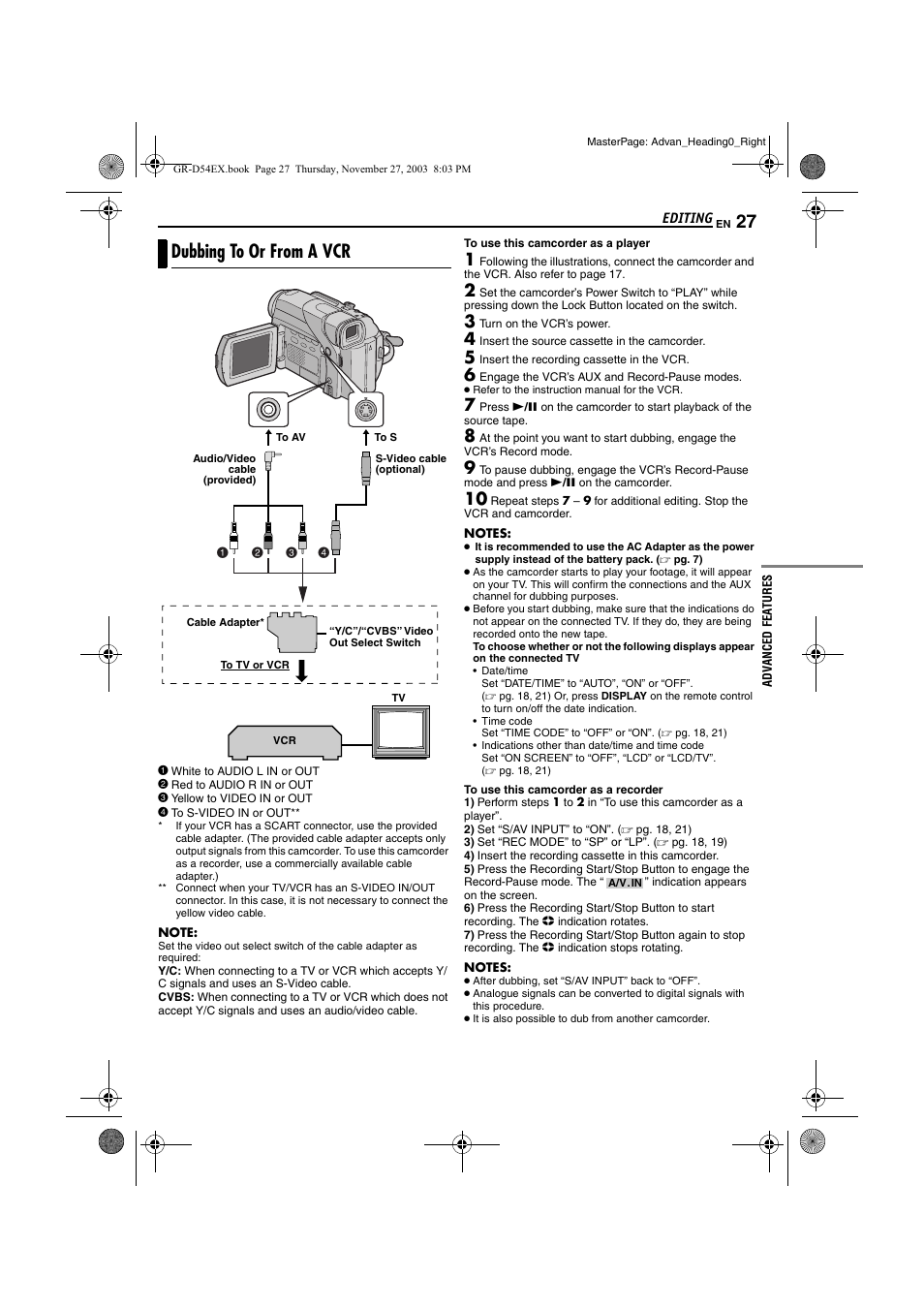 Editing, Dubbing to or from a vcr, Pg. 27 | Pg. 27) | JVC GR-D54 User Manual | Page 27 / 44