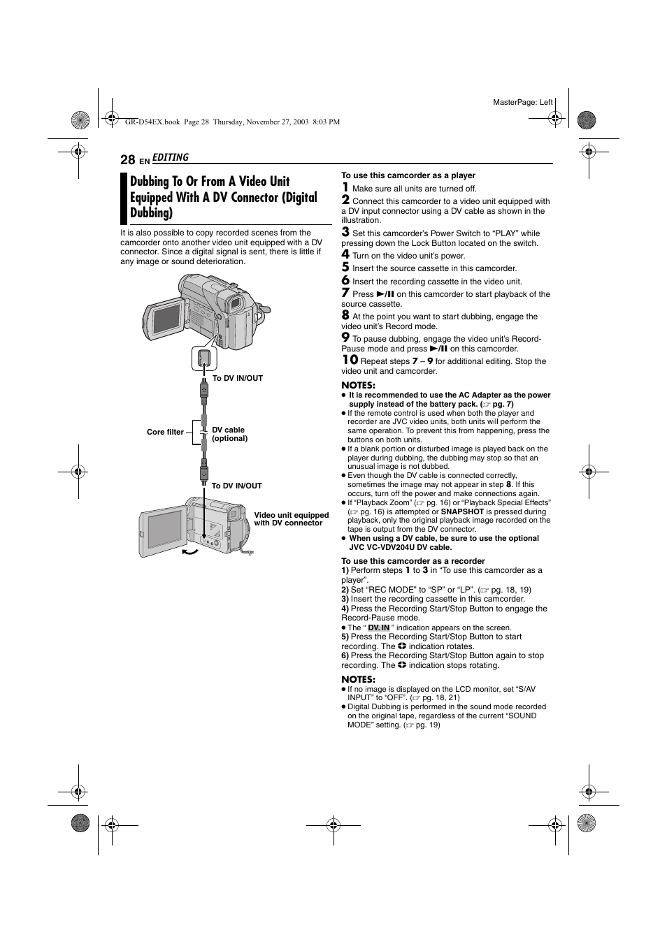 Dubbing to or from a video unit equipped with a dv, Connector (digital dubbing) | JVC GR-D54 User Manual | Page 28 / 44