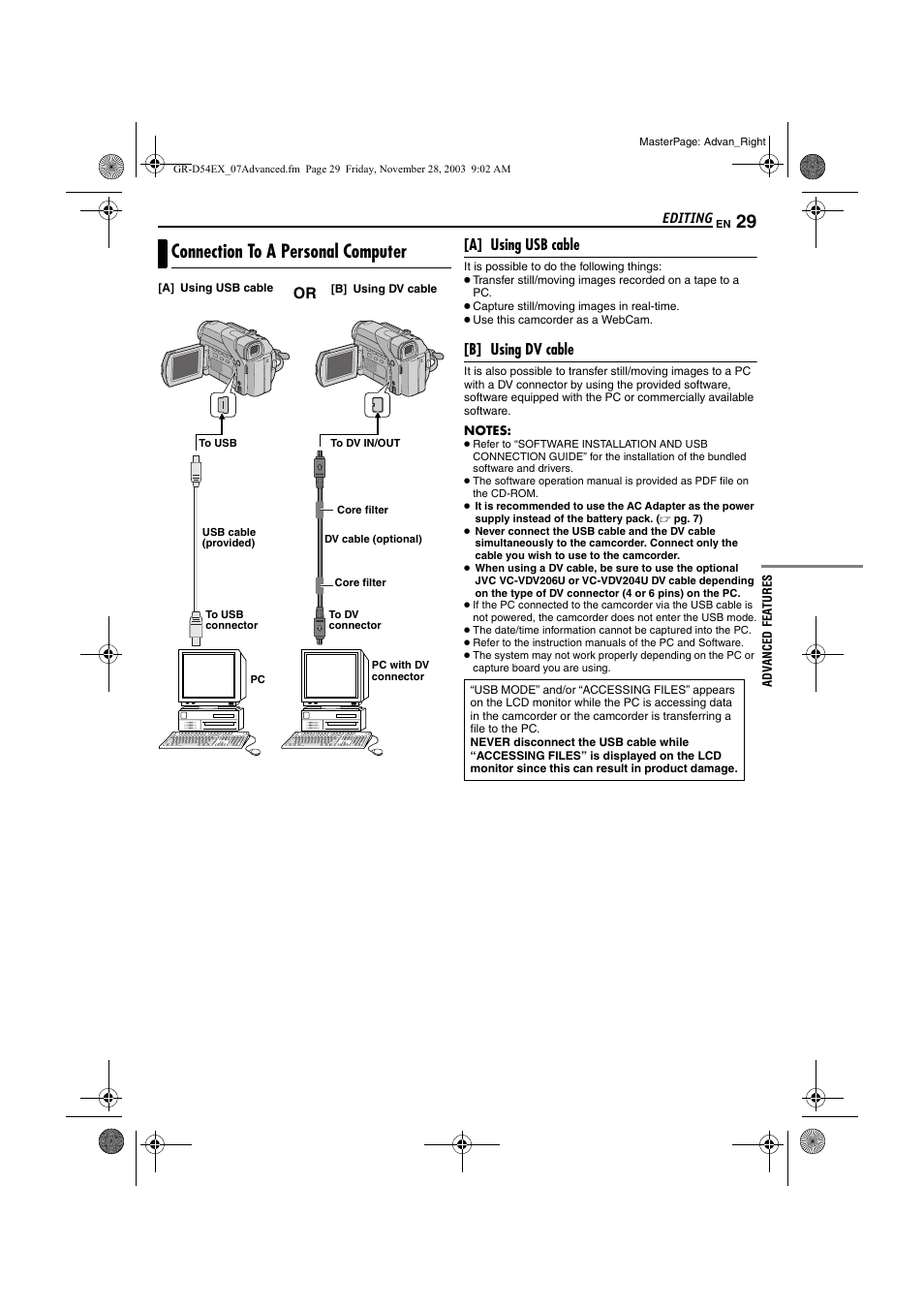 Connection to a personal computer | JVC GR-D54 User Manual | Page 29 / 44