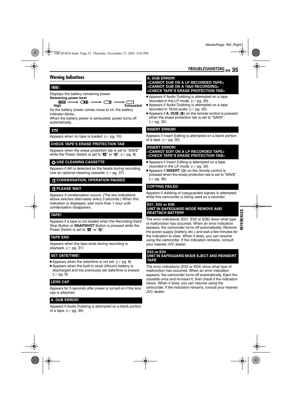 Warning indications, Pg. 35), Pg. 35 | JVC GR-D54 User Manual | Page 35 / 44