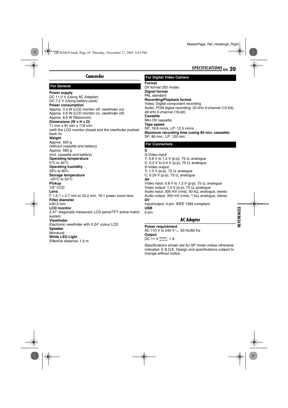 Specifications, Camcorder, Ac adapter | JVC GR-D54 User Manual | Page 39 / 44