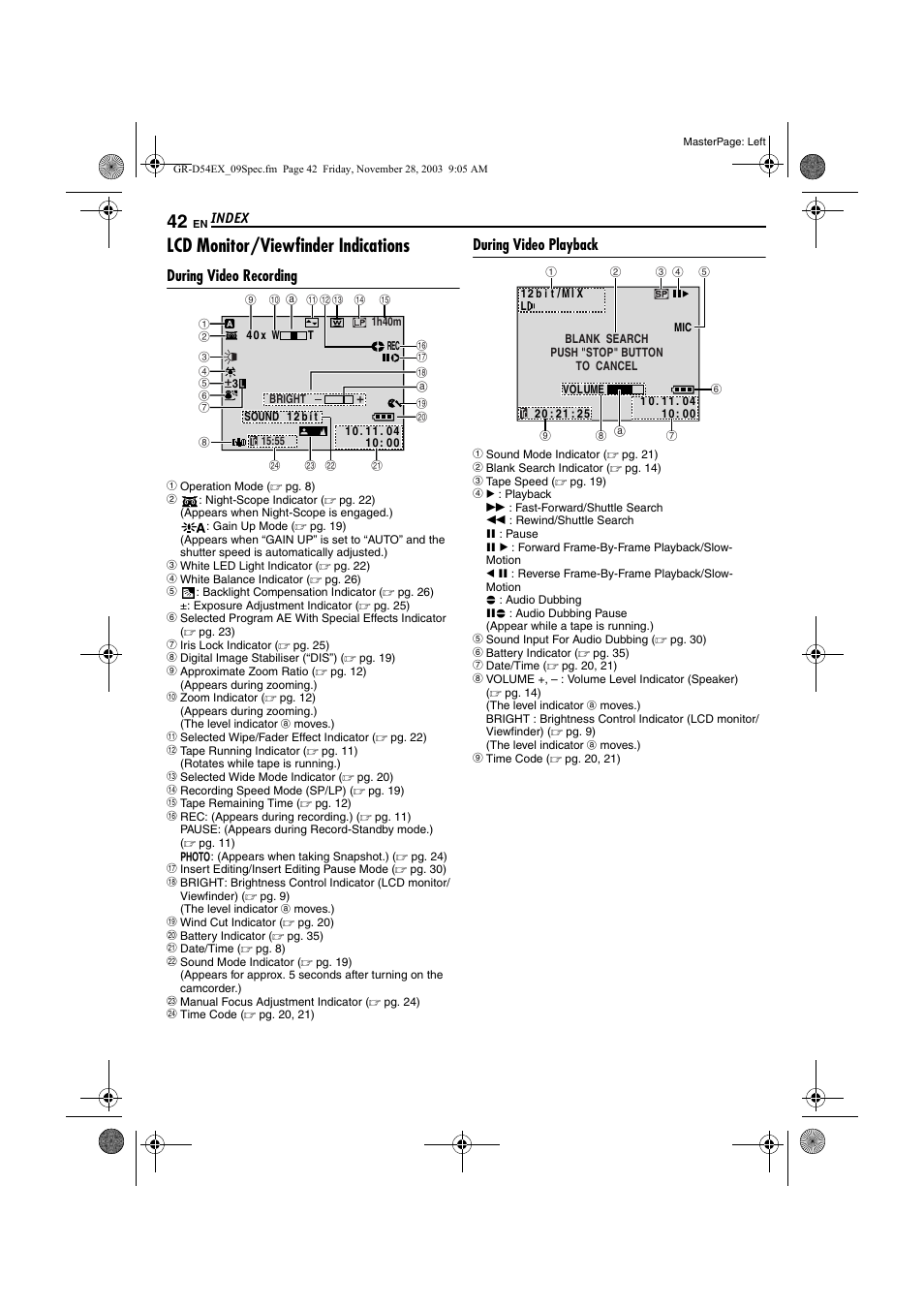 Lcd monitor/viewfinder indications, During video recording, During video playback | JVC GR-D54 User Manual | Page 42 / 44