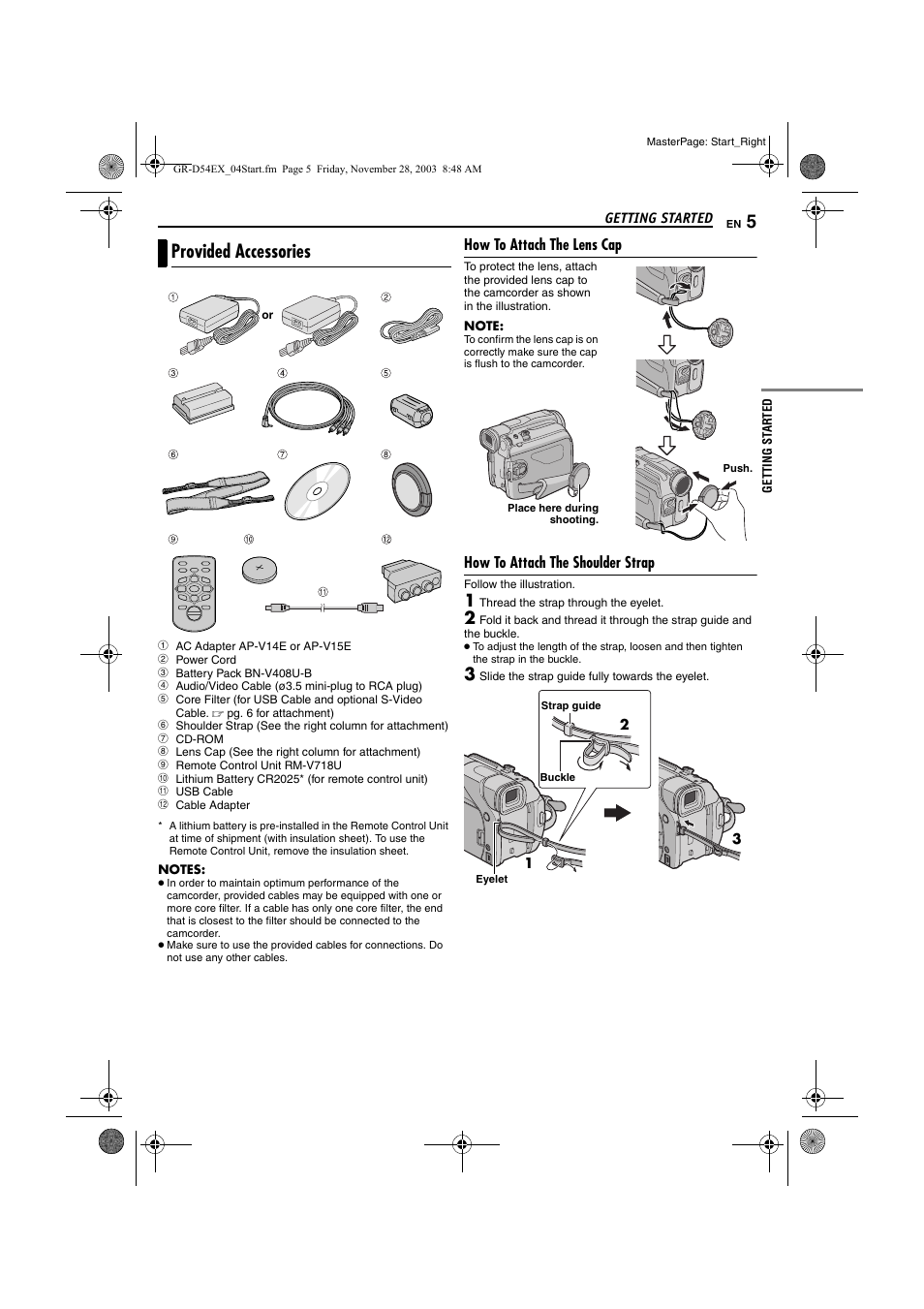 Getting started, Provided accessories, How to attach the lens cap | How to attach the shoulder strap | JVC GR-D54 User Manual | Page 5 / 44