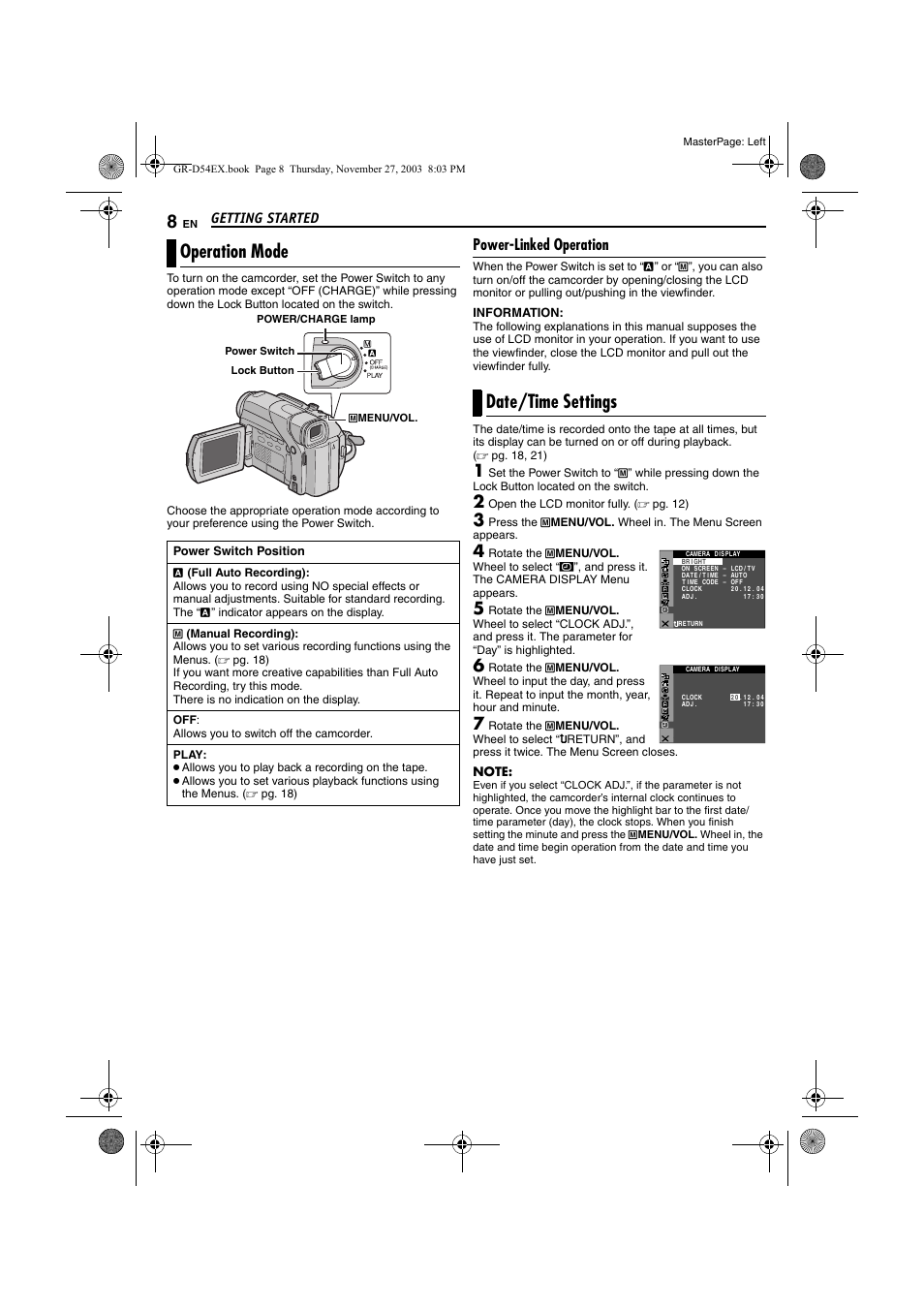 Operation mode, Power-linked operation, Date/time settings | Operation mode date/time settings, Getting started, Open the lcd monitor fully. ( ੬ pg. 12) | JVC GR-D54 User Manual | Page 8 / 44