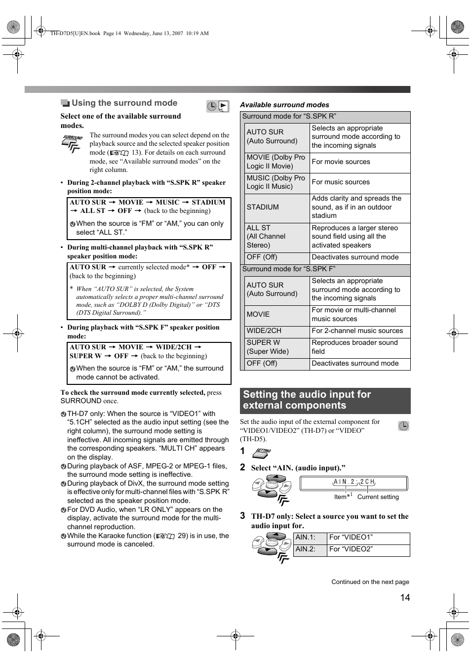 Setting the audio input for external components | JVC TH-D5 Series User Manual | Page 17 / 40